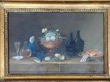 une peinture représentant une nature morte avec un vase de fleurs posé sur une table