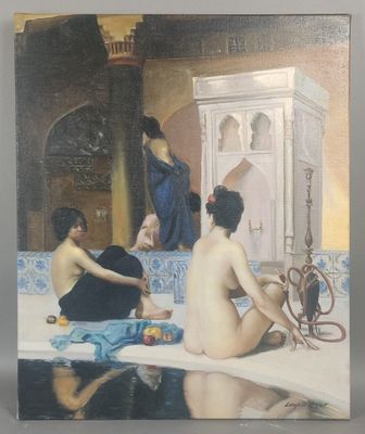 tableau représentant deux femmes assises au bord d'une piscine