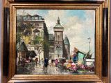une peinture à l'huile représentant une scène de rue en ville avec des passants
