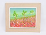 un tableau représentant un champ de fleurs avec des arbres en arrière-plan