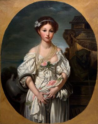 portrait of a woman in a white dress with a flower in her hair