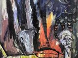 abstract painting of a woman with a bowl and spoon in her hand
