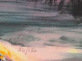 a painting of a man riding a surfboard on the beach