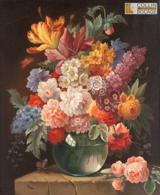 une peinture de fleurs dans un vase sur une table