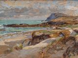 une image représentant un tableau représentant une scène de plage avec une montagne en arrière-plan