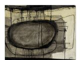 une peinture abstraite représentant un ovale noir et blanc sur fond blanc