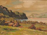 une peinture à l'huile représentant un couple assis sur une colline surplombant un plan d'eau