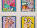 quatre dessins de couleurs différentes représentant un homme et une femme dans des poses variées