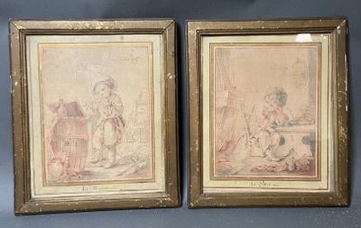 deux tableaux encadrés représentant un homme et une femme assis sur un canapé