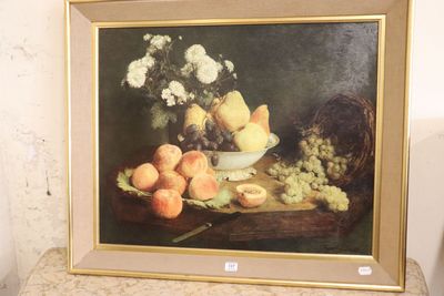 a picture of a painting of fruit and flowers on a table