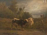 un tableau représentant des vaches dans un champ, près d'une clôture