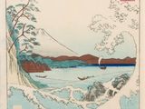 une image représentant un tableau où l'on voit un bateau sur un plan d'eau, avec une montagne en arrière-plan