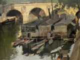 a painting of a bridge over a body of water