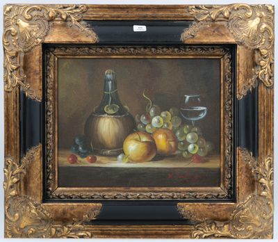 une peinture à l'huile représentant une nature morte composée de fruits et d'une bouteille de vin
