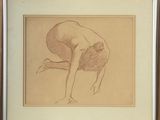 drawing of a nude woman bending down on her knees in a wooden frame
