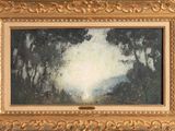 une peinture à l'huile représentant des arbres dans une forêt, avec le ciel en arrière-plan