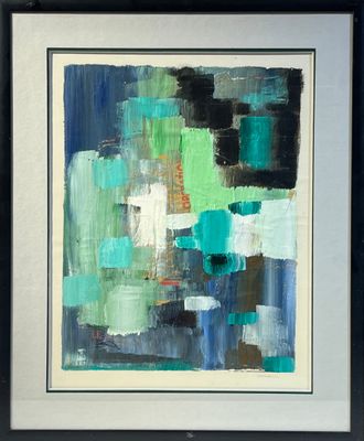 une peinture abstraite composée de carrés bleus, verts et blancs