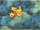 pikachu and pikachu flying in the sky with trees in the background