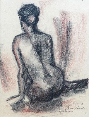 drawing of a nude woman sitting on the ground with her legs crossed