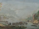 painting of a view of a river with boats and people on the shore