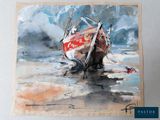 une peinture représentant un bateau sur la plage, posé sur le sable