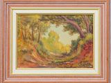an oil painting of a forest scene with a path in the foreground