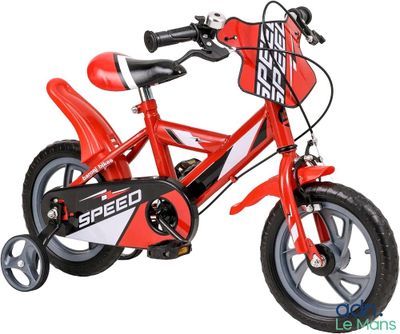 red and black children ' s bike with no pedals and no brakes