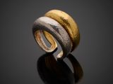 a close up of a gold and silver ring on a black surface
