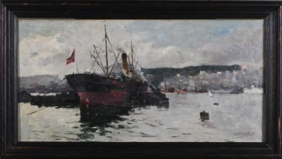 painting of a boat in the water with a city in the background