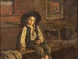 painting of a young boy sitting on a bench in a room