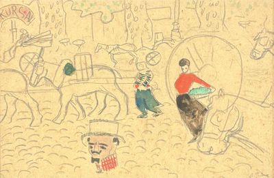a drawing of a man riding a horse and a woman riding a horse