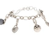silver plated bracelet with charms and beads on a white background