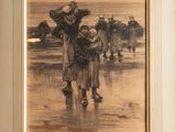 tableau représentant un groupe de personnes marchant sur une plage sous la pluie