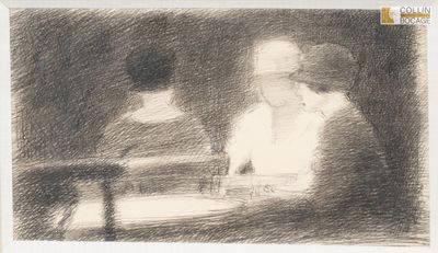 une image représentant le dessin d'un homme assis à une table devant une lampe