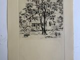 un dessin en noir et blanc représentant un arbre devant une maison
