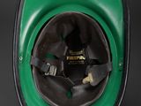 a close up of a helmet on a black background