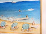 une peinture de personnes sur la plage avec des parasols