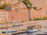 painting of boats docked in a harbor with buildings in the background