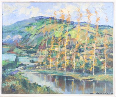 a painting of a mountain with trees and a river in the foreground