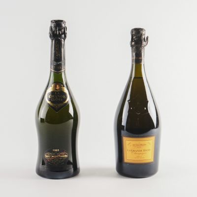 deux bouteilles de champagne posées l'une à côté de l'autre sur une surface blanche