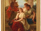 a painting of a group of women sitting on a porch
