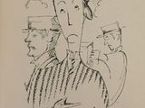 drawing of a man in a sailor ' s hat with a group of men behind him
