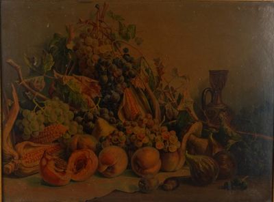 tableau représentant une nature morte composée de fruits et de légumes posés sur une table