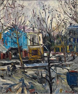 une peinture à l'huile représentant une rue de la ville avec un train sur les rails