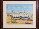 an image of a painting of a beach scene with a church in the background