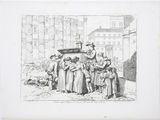 drawing of a group of people gathered around a casket in a street
