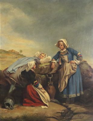 une peinture à l'huile représentant deux femmes debout à côté d'une vache