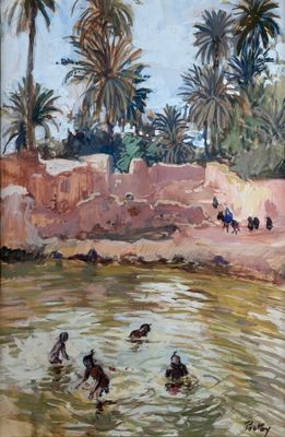 a painting of a group of people wading in the water