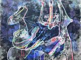 an abstract painting of shoes and a hat on a table