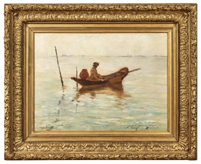 une image représentant un tableau où l'on voit un homme dans un bateau sur l'eau